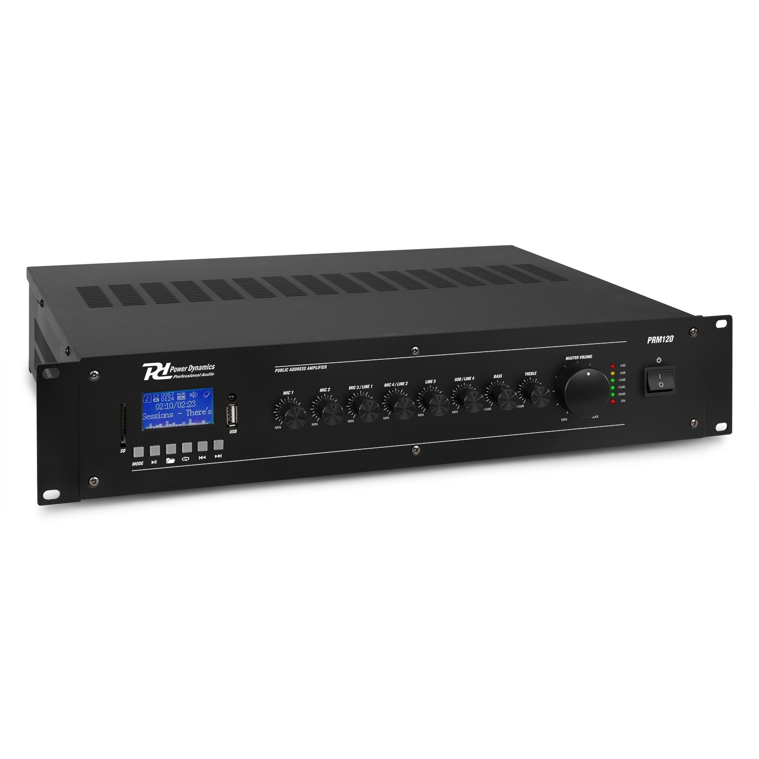 A-STOCK POWER DYNAMICS PRM120 PA Mixer ενισχυτής 120W RMS, 8 Ohm, 100V, USB, SD, BT 220VAC / 24VDC Backup 952.152