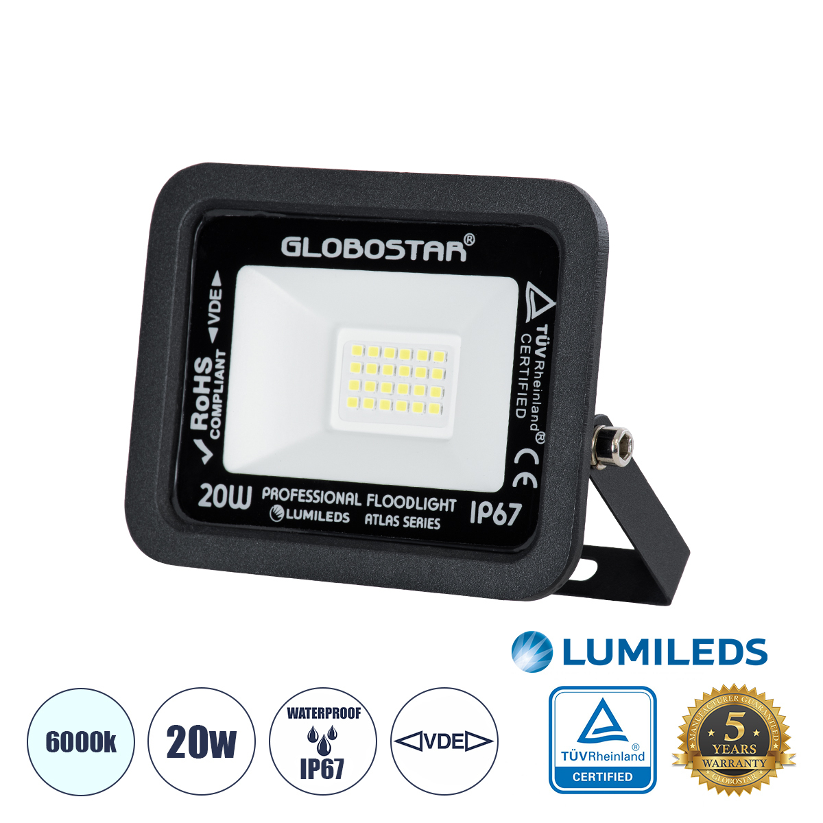 GLOBOSTAR ATLAS 61410 CW Προβολέας LED ισχύος 20 Watt LUMILEDS Chips 2500 Lumens IP67 Ψυχρό λευκό 6000Κ σε Μαύρο 