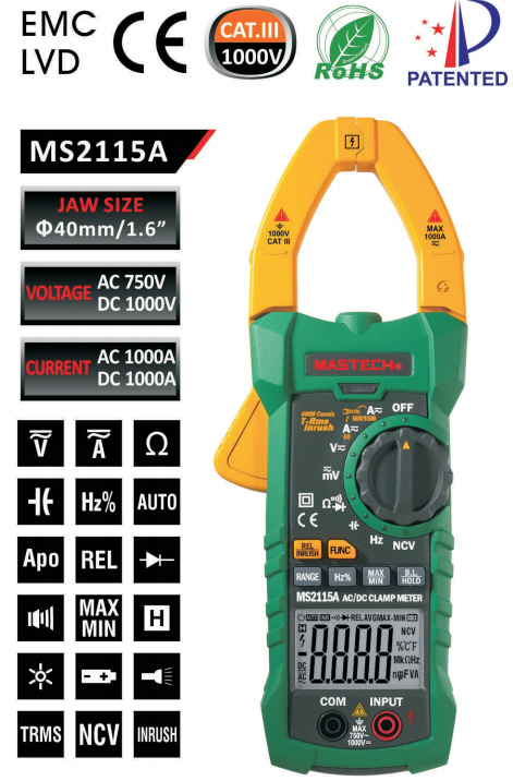 MASTECH MS2115A Ψηφιακή Αμπεροτσιμπίδα AC/DC True RMS με φακό ...