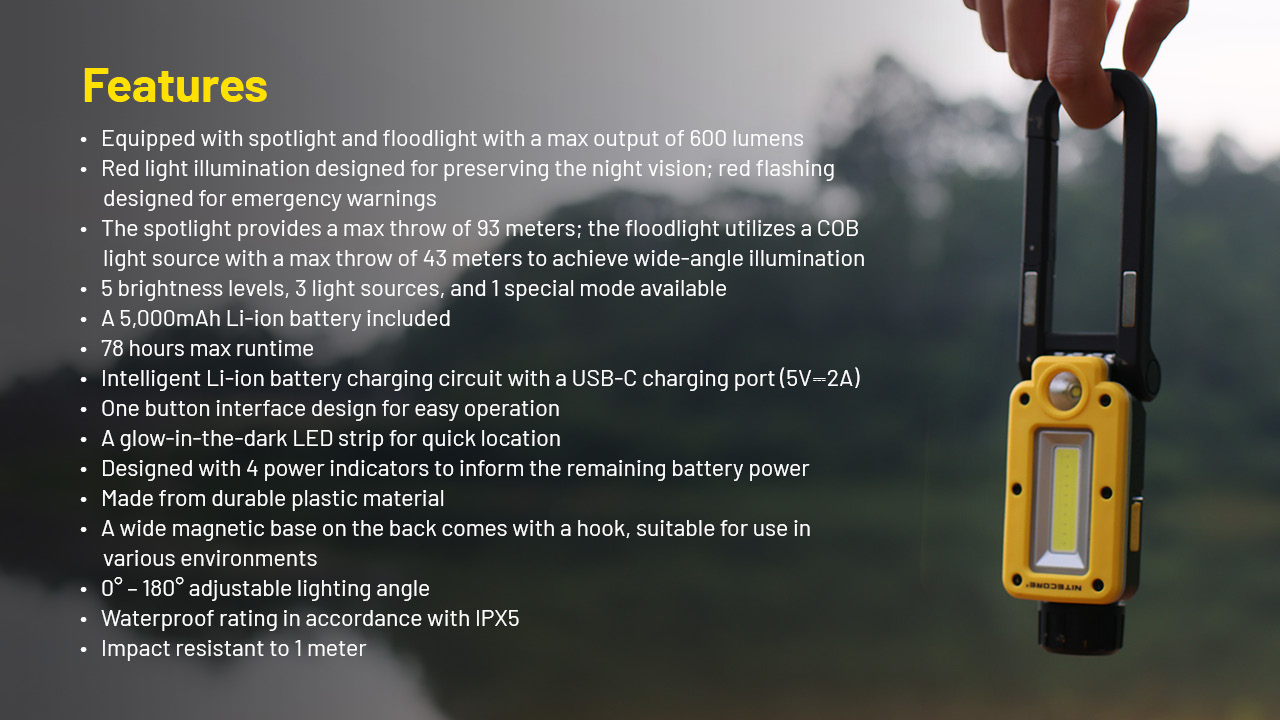 NITECORE NWL20 Φακός LED Multifunctional Triple Output Work Light Επαναφορτιζόμενος 600 Lumens
