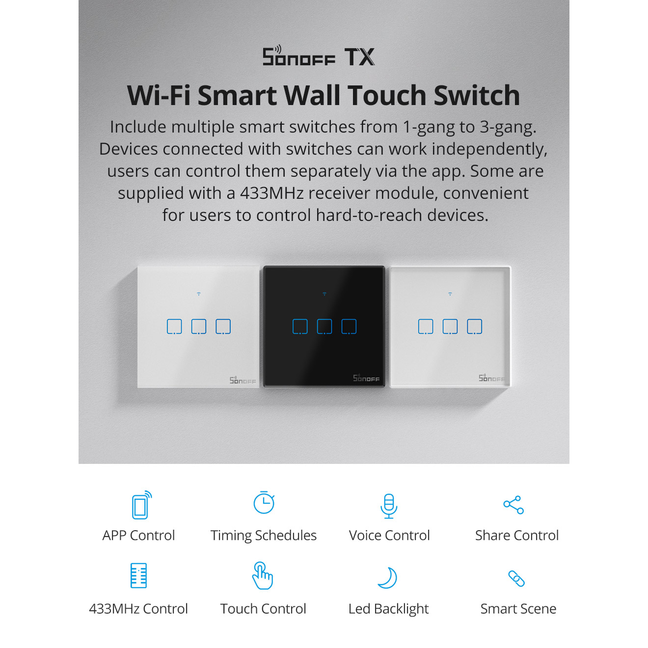 SONOFF T0EU2C-TX Τηλεχειριζόμενος Smart WiFi Διακόπτης Τοίχου Αφής 2 καναλιών (IM190314010)