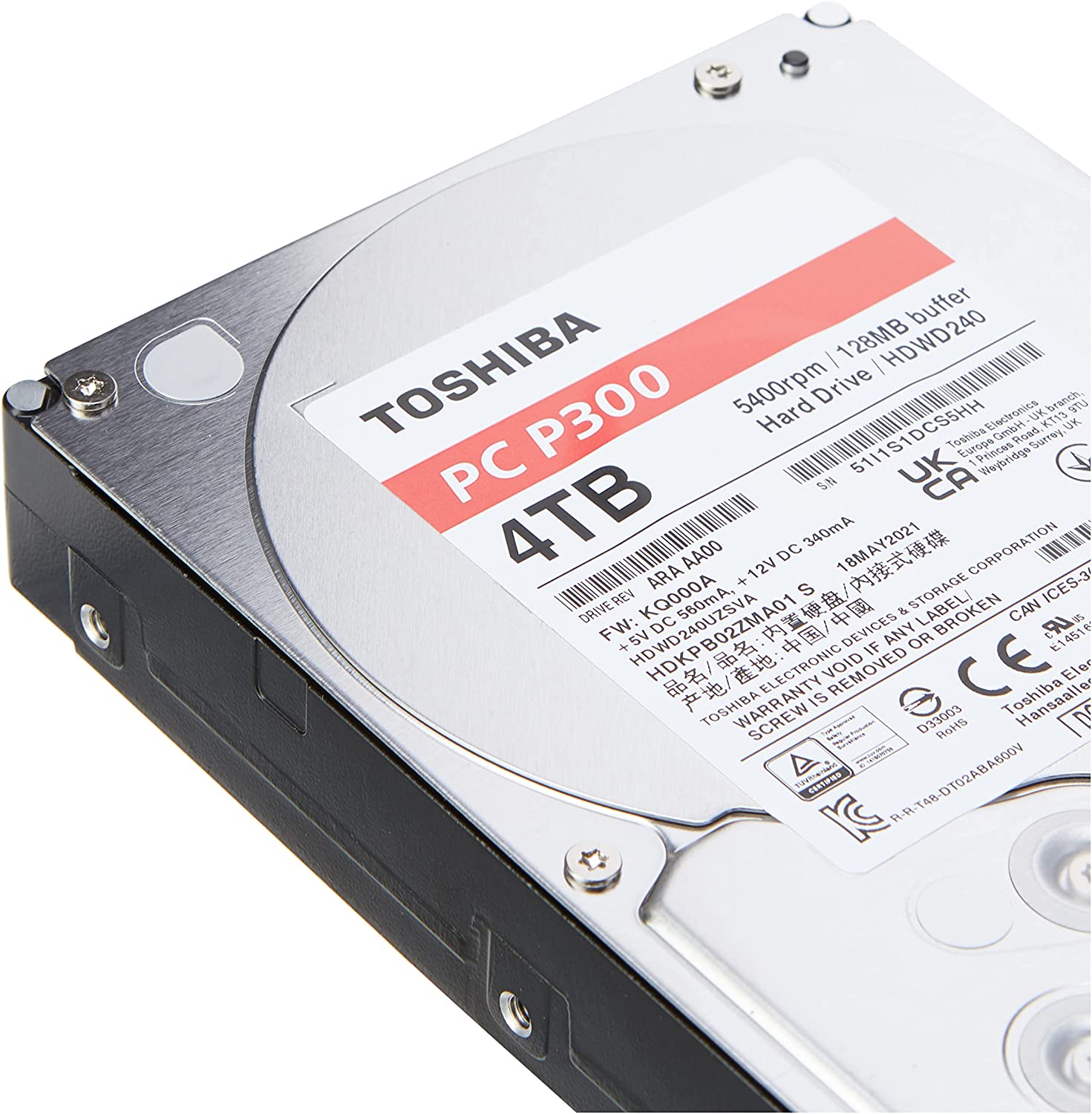 Toshiba P300 4TB HDD 3.5-inch, SATA3, 5400rpm, 128MB Cache, Bulk (HDWD240UZSVA)