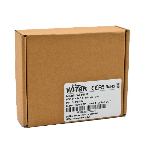 Wi-Tek WI-PE31E PoE Extender, 1x poE Input, 2x PoE Outputs, 1x DC Input Port (48-55V), 802.3af/at/bt compatible