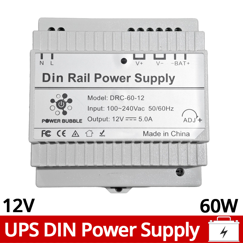 DRC-60-12 Τροφοδοτικό Switching 12VDC 5A (60W) με Λειτουργία UPS (Backup) και Στήριξη σε Ράγα DIN