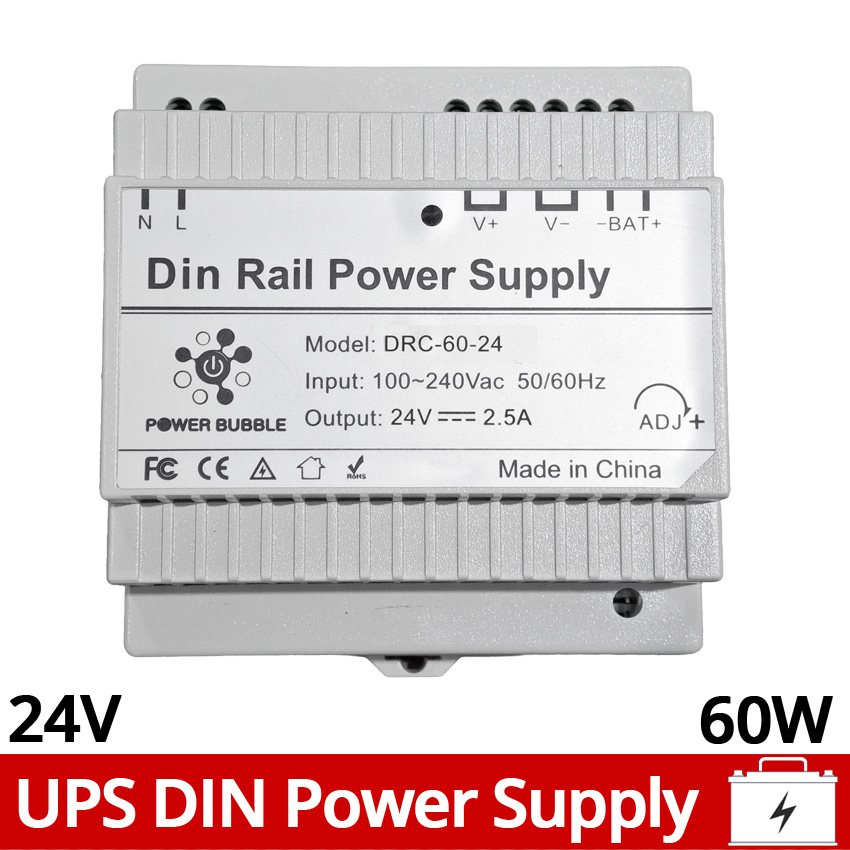 DRC-60-24 Τροφοδοτικό Switching 24VDC 2.5A (60W) με Λειτουργία UPS (Backup) και Στήριξη σε Ράγα DIN