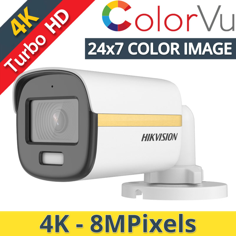HIKVISION DS-2CE10UF3T-E 2.8mm Bullet HDTVI Camera, 8Mpixels, 4K Resolution, ColorVu, 24-Hour Color Image, WDR 130dB, White Light 20m