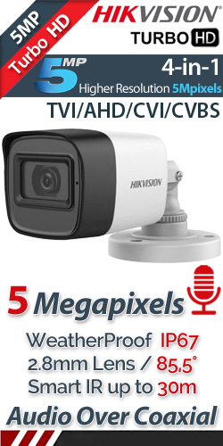 HikVision DS-2CE16H0T-ITFS 2.8mm 5Mpixels Audio Over Coaxial, IR 30μ., IP67, 4in1