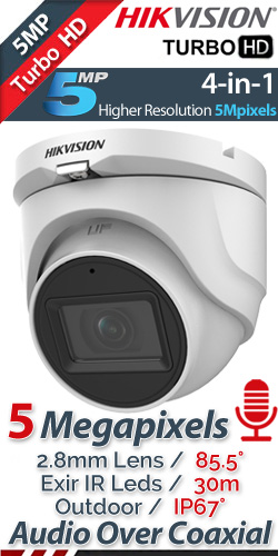 HikVISION DS-2CE76H0T-ITMFS 2.8mm 5Mpixels Dome, Audio Over Coaxial, IR 30μ., IP67