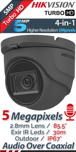 Hikvision DS-2CE76H0T-ITMFS 2.8mm GRAY, 5Mpixels Dome, Audio Over Coaxial, IR 30μ., IP67