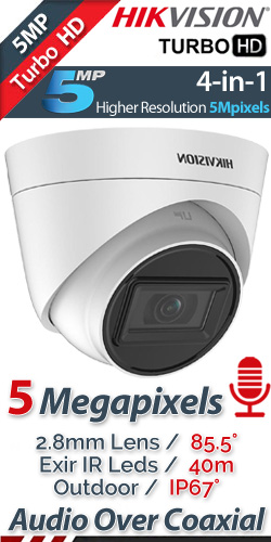 HikVision DS-2CE78H0T-IT3FS 2.8mm Dome Camera 5Mpixels, Audio Over Coaxial, IR 40μ., IP67