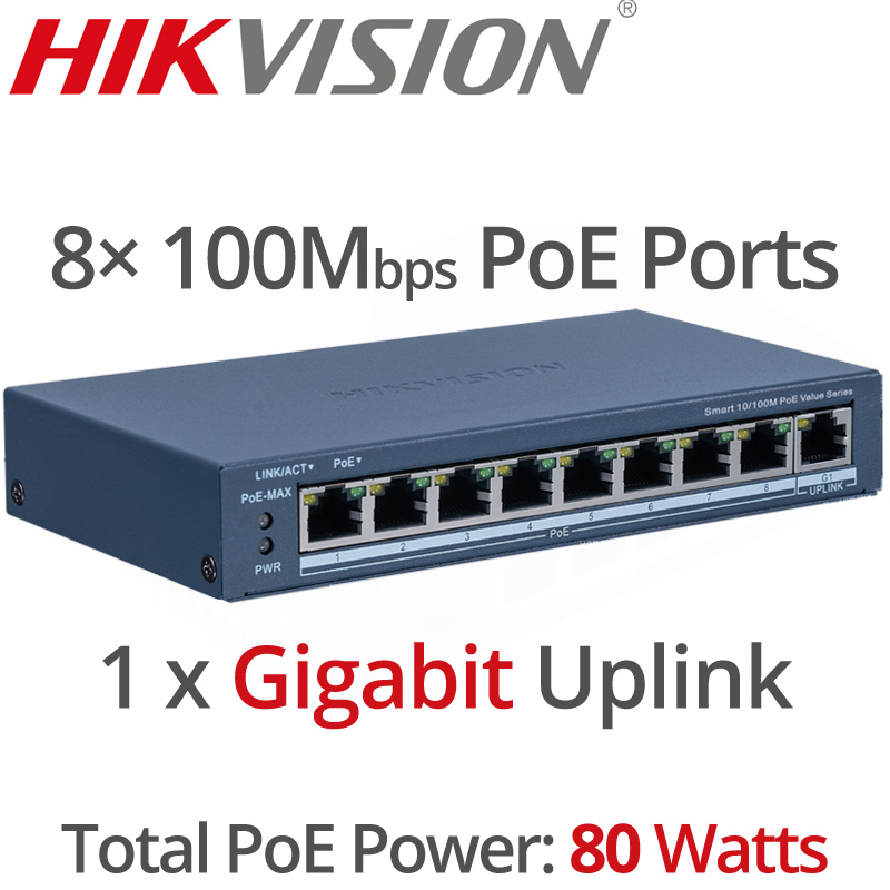 HIKVISION DS-3E1309P-EI/M(B) 9 Ports Smart PoE Switch 802.3af/at 80 Watts (8x100 Mbps PoE Ports, 1× Gigabit Port)