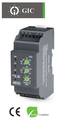GIC MG73BH Relay Επιτήρησης Δικτύου 1Φ / 3Φ Ράγας με Ουδέτερο 240 VAC 36mm