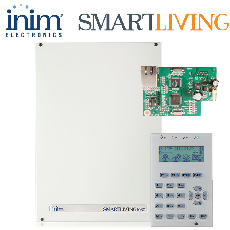 KIT INIM SMARTLIVING 1050 + NCODE/GB + SmartLan/SI - Πίνακας 10-50 ζωνών & Πληκτρολόγιο LCD & Πλακέτα Δικτύου TCP/IP