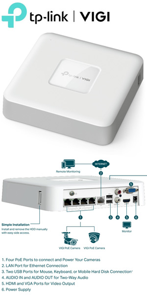 TP-LINK VIGI NVR1104H-4P v1.0 Δικτυακό Καταγραφικό NVR 4 Καμερών με 4 θύρες PoE+ 53W