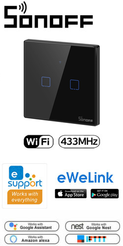 SONOFF T3EU2C-TX Τηλεχειριζόμενος Smart WiFi Διακόπτης Τοίχου Αφής 2 καναλιών με Δέκτη RF 433MHz (IM190314019)