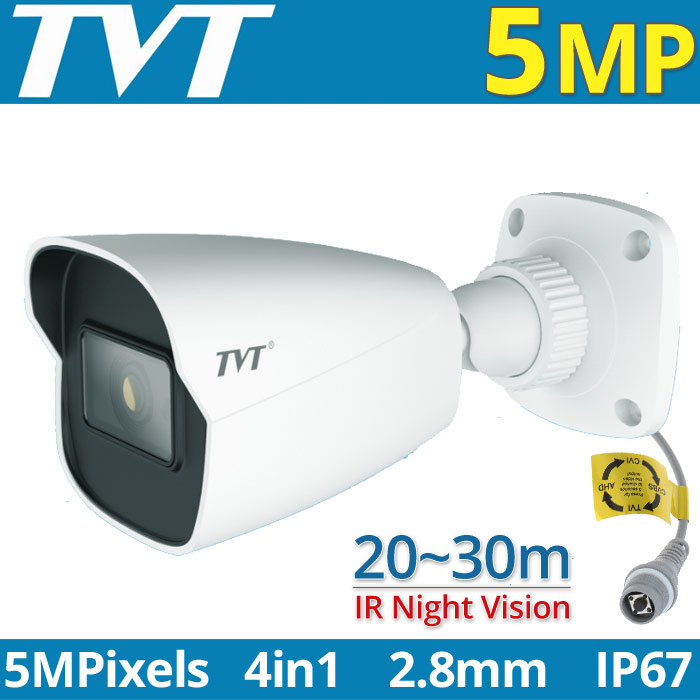 TVT TD-7451AE2 (D/SW/AR2) 2.8mm White (ΛΕΥΚΗ) Κάμερα Bullet HDTVI 5Mpixels, 4in1, IP67, 20~30m IR Night View, OSD Menu
