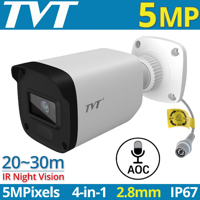 TVT TD-7451AE3 (D/AU/SW/AR2) 2.8mm (ΛΕΥΚΗ) Κάμερα Bullet 5Mpixels, 4in1, Audio Over Coaxial, IP67, 20~30m Night View