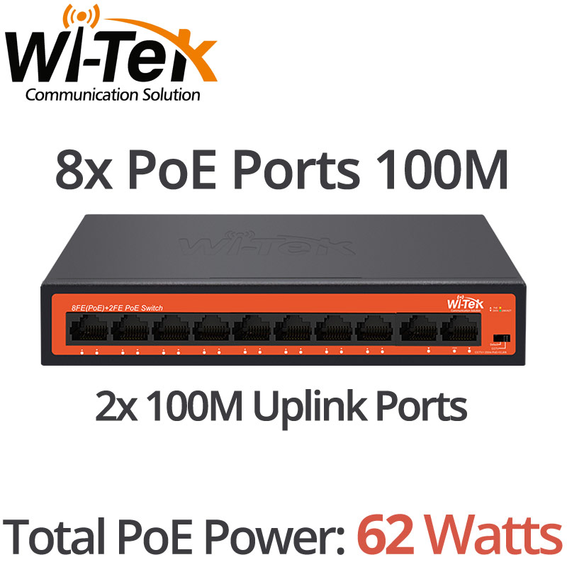 Wi-Tek WI-PS210H PoE Switch, 8x100M PoE Ports + 2x100M Uplink Ports, Total PoE Power 62Watts, IEEE 802.3af/at