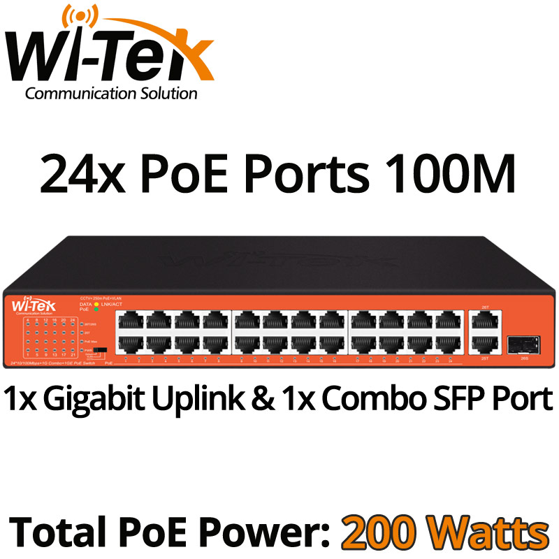 Wi-Tek WI-PS526GH 24-Ports PoE Switch 100M, 1x Gigabit Uplink, 1x Gigabit Combo SFP, Total 200Watts, 802.3af/802.3at