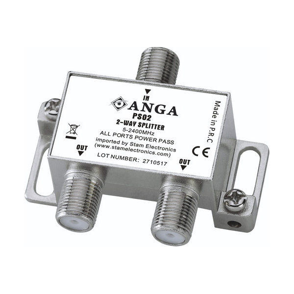 ANGA PS02 Διακλαδωτής TV-SAT 2 εξόδων (5 - 2400 MHz) με φις F και dc pass