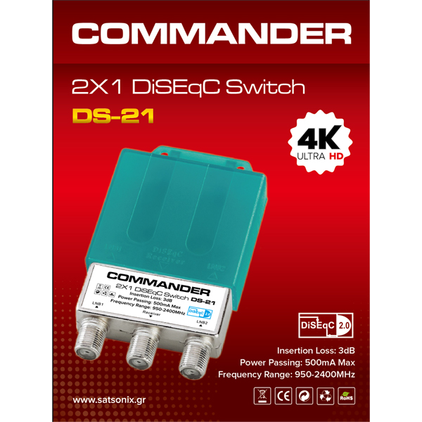 COMMANDER DS-21 DISEqC Switch 2.0 2x1 Στεγανό 4K UHD