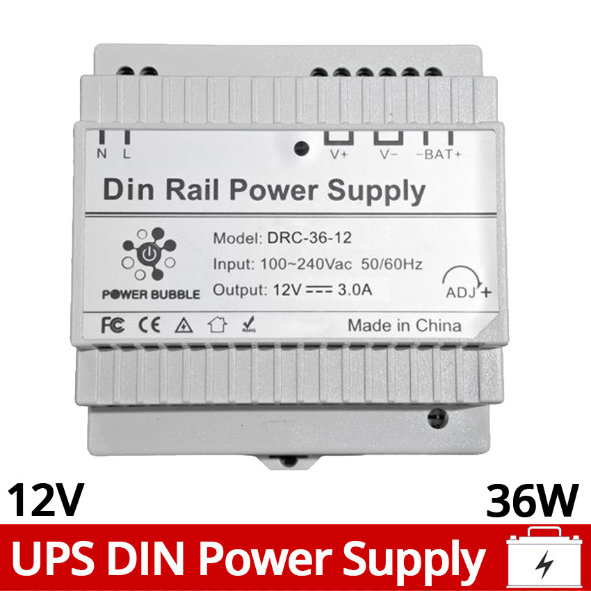 DRC-36-12 Τροφοδοτικό Switching 12VDC 3A (36W) με Λειτουργία UPS (Backup) και Στήριξη σε Ράγα DIN