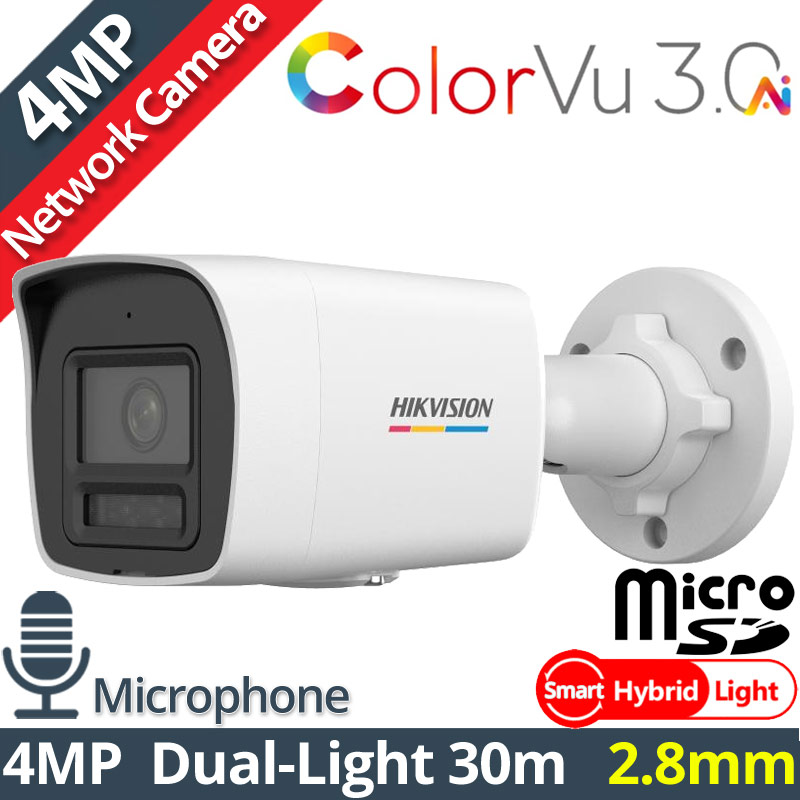 HIKVISION DS-2CD1047G3H-LIUF 2.8mm Ενσύρματη IP Κάμερα 4MP ColorVu 3.0, Smart-Hybrid Light 30m, Μικρόφωνο, microSD, PoE, IP67
