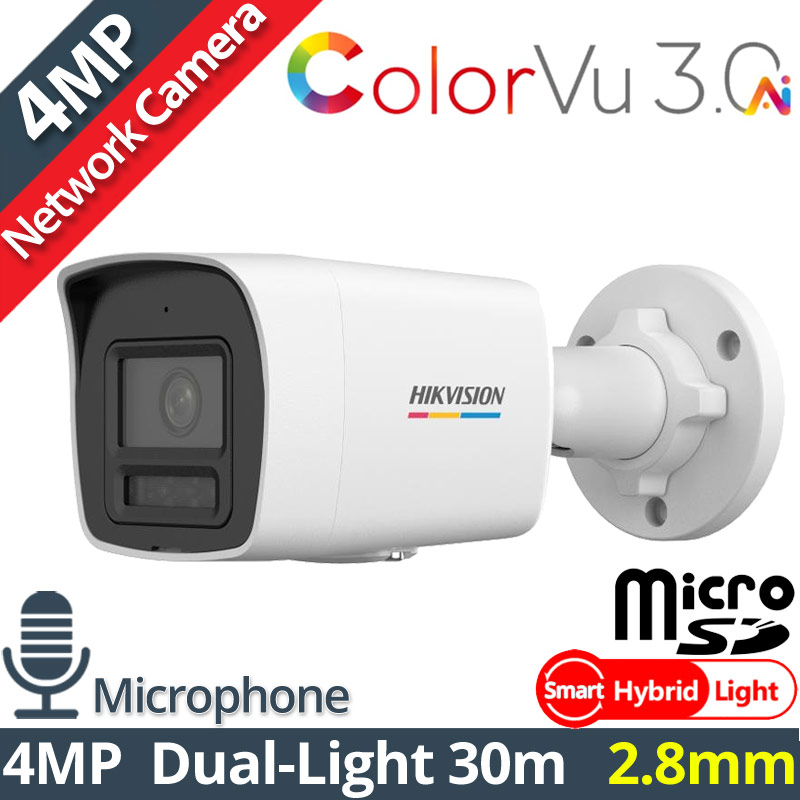 HIKVISION DS-2CD1047G3H-LIUF 2.8mm Ενσύρματη IP Κάμερα 4MP ColorVu 3.0, Smart-Hybrid Light 30m, Μικρόφωνο, microSD, PoE, IP67