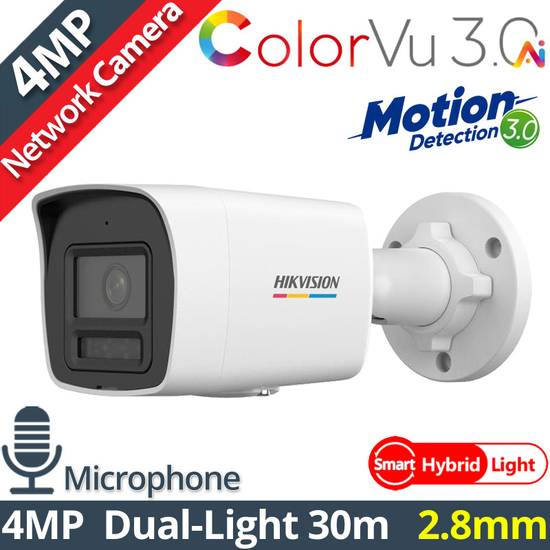 HIKVISION DS-2CD1047G3H-LIU 2.8mm Ενσύρματη IP Κάμερα 4MP ColorVu 3.0, Smart-Hybrid Light 30m, Μικρόφωνο, PoE, IP67