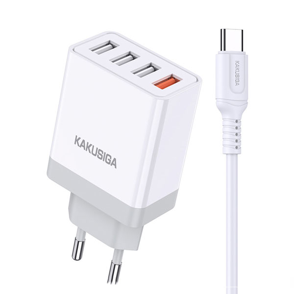 KAKUSIGA KSC-913 Φορτιστής Πρίζας Τεσσάρων Θυρών USB-A με Μια Θυρά Quick Charge Και Καλώδιο USB-A / TYPE-C σε Λεύκο Χρώμα