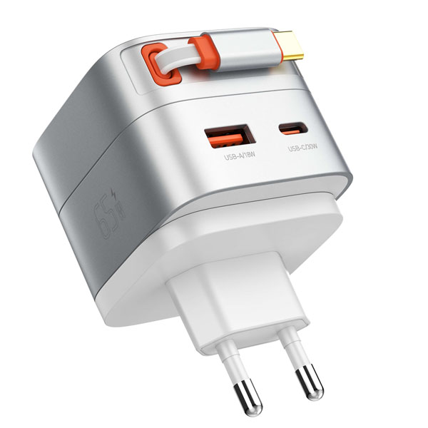 LDNIO Q10/SILVER - Φορτιστής GaN 65W με Ενσωματωμένο Καλώδιο Type-C 
