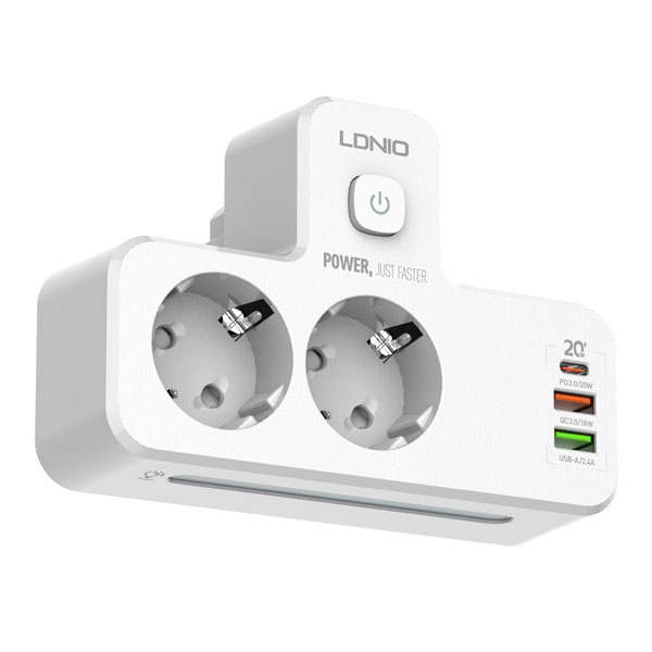 LDNIO SE2337 Πολύπριζο 2x Shucko, 3x USB (1x Type-C & 2x USB-A) 20W PD/QC3.0, Αφής Φωτιστικό Νυκτός & Διακόπτη