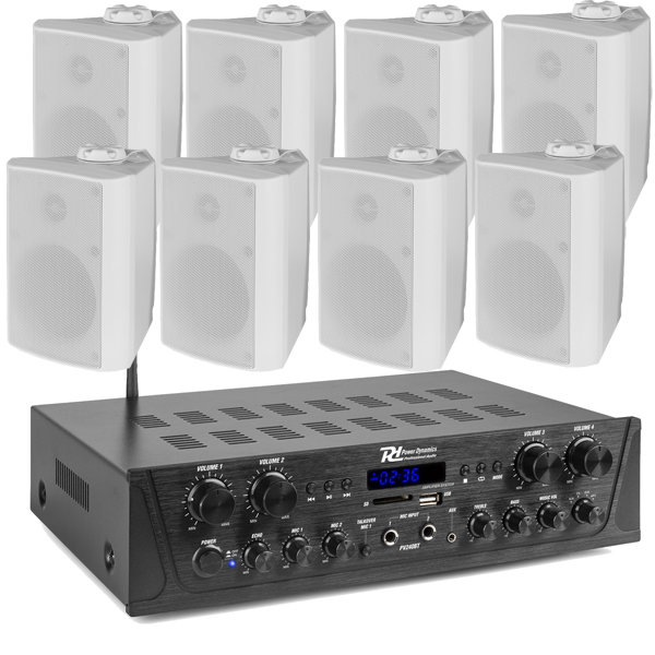 SET-PA AUDIO 113 POWER DYNAMICS Ωμικό Σετ ενισχυτή 4 Ζωνών PV240BT 8x 50 Watt και 8x Ηχεία τοίχου BGO40 W