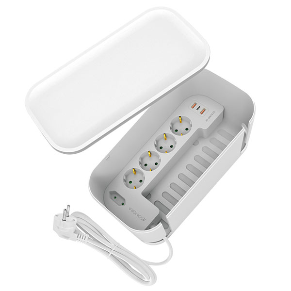 SONORA POWERBOX WHITE Κουτί οργάνωσης καλωδίων με ενσωματωμένο πολύπριζο 5 θέσεων & 3 θύρες USB, σε λευκό χρώμα