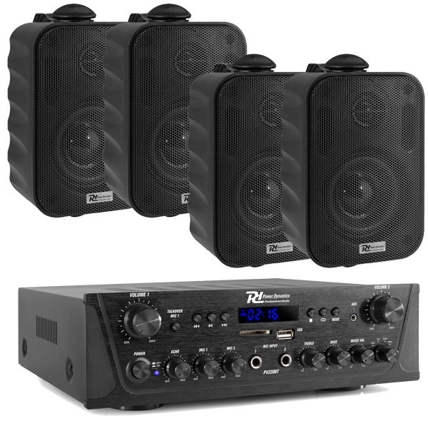 SET-PA AUDIO 116 POWER DYNAMICS Ωμικό Σετ ενισχυτή 2 Ζωνών PV220BT 2x 50 Watt και 4x Ηχεία τοίχου BGO30 B