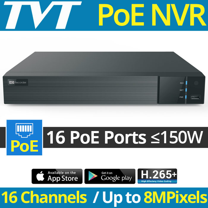 TVT TD-3116H2-16P-B2-B IP Καταγραφικό PoE NVR για 16 IP Κάμερες Μέχρι 8Mpixels, 16 Θύρες PoE (max. 150W), H.265+