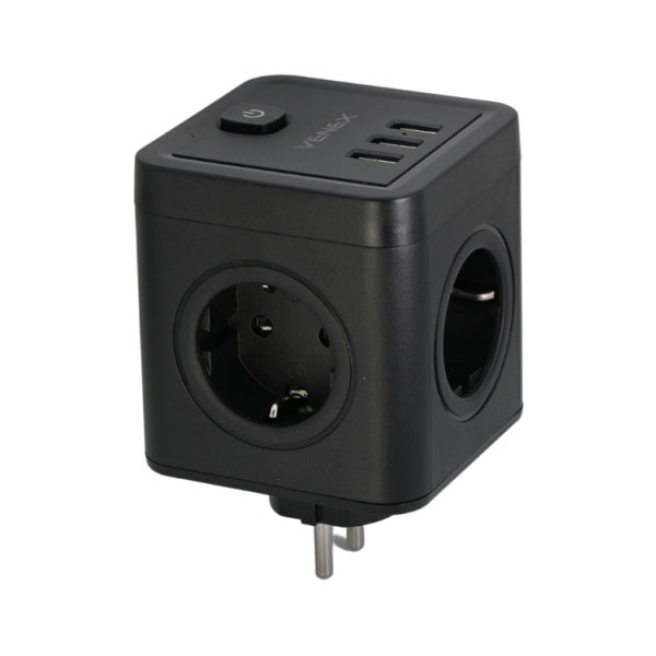 VENEX TW3U4E-B Πολύπριζο σε Σχήμα Κύβου 4x Shucko με 3x USB φόρτισης σε Μαύρο χρώμα