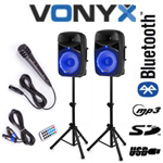 VONYX VPS152A Set 2 ηχείων με Αυτοενισχ. και Παθητ. 15" USB/ SD/ MP3/ Bluetooth, βάσεις και μικρόφωνο (σετ) 178.135