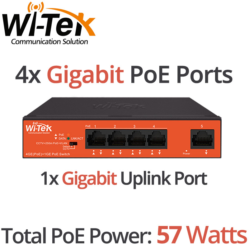 Wi-Tek WI-PS305GH Gigabit PoE Switch, 4x Gigabit PoE Ports + 1x Gigabit Uplink Port, Total PoE Power 57Watts, IEEE 802.3af/at