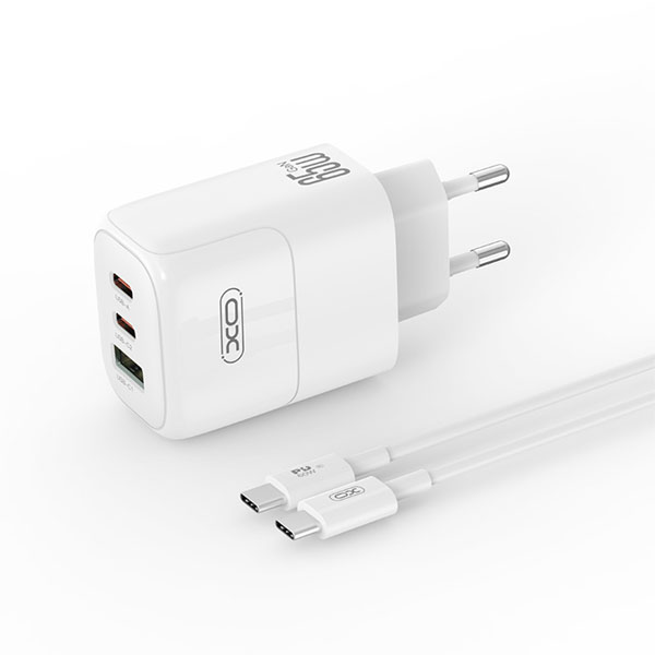 XO-L139(EU)  Φορτιστής Πρίζας GaN Nitride 1x USB-A και 2x USB-C 65W Quick Charge Με Καλωδιο Type-C σε Λεύκο Χρώμα   