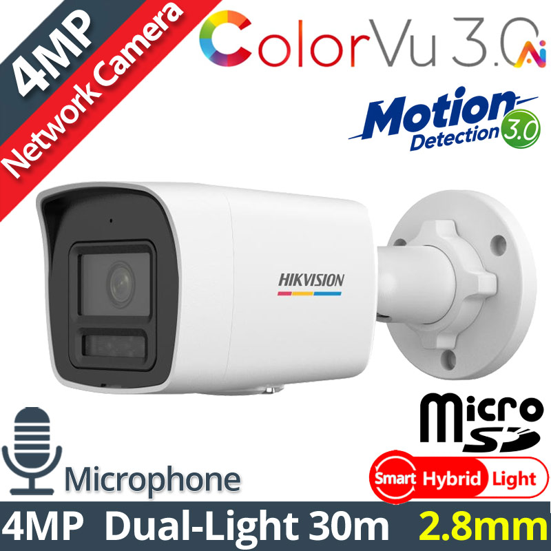 HIKVISION DS-2CD1047G3H-LIUF 2.8mm Ενσύρματη IP Κάμερα 4MP ColorVu 3.0, Smart-Hybrid Light 30m, Μικρόφωνο, microSD, PoE, IP67