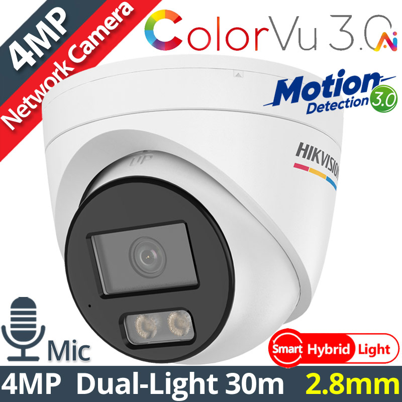 HIKVISION DS-2CD1347G3H-LIU 2.8mm Ενσύρματη IP Κάμερα 4MP ColorVu 3.0, Smart-Hybrid Light 30m, Μικρόφωνο, PoE, IP67